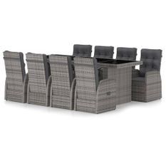 Mobilier à dîner jardin 9 pcs avec coussins Résine tressée Gris