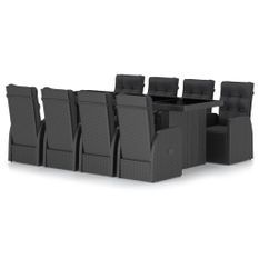 Mobilier à dîner jardin 9 pcs avec coussins Résine tressée Noir 2