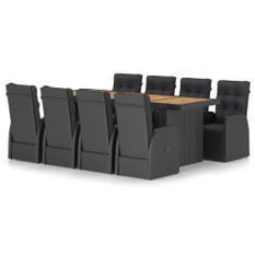 Mobilier à dîner jardin 9 pcs avec coussins Résine tressée Noir