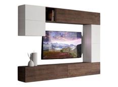 Mur TV design blanc et noyer Luxa L 268 cm - 8 pièces