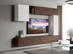 Mur TV design blanc et noyer Luxa L 268 cm - 8 pièces
