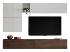 Mur TV design blanc et noyer Mila L 268 cm - 8 pièces