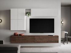 Mur TV design blanc et noyer Mila L 268 cm - 8 pièces