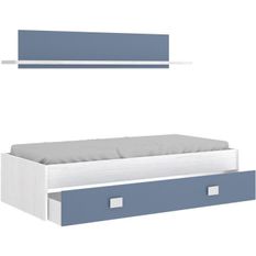 NOA Lit enfant avec tiroir + 1 étagere - Chene blanc/bleu - 90x190 cm
