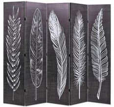 Paravent décoratif imprimé 5 volets bois et tissu noir et blanc Kokko
