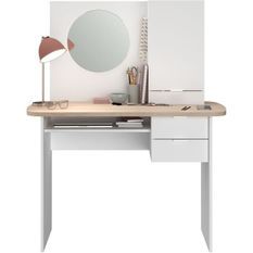 PARISOT Coiffeuse 1 porte 2 tiroirs - Décor blanc et chene + miroir rond - L 110 x P 49,5 x H 134.1 cm - GABY