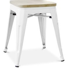 Petit tabouret industriel acier brillant et assise en bois massif naturel Reko 45 cm