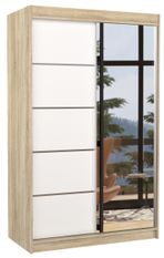 Petite armoire de chambre 2 portes coulissantes bois naturel et blanc avec miroir Noka 120 cm