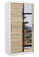 Petite armoire de chambre blanche 2 portes coulissantes bois naturel et miroir Bazo 100 cm