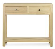 Petite console en bois massif naturel 2 tiroirs 1 étagère Komba 90 cm