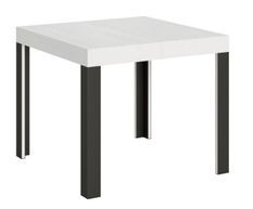 Petite table carrée 90/90 cm extensible 10 personnes 90 à 246 cm blanc et pieds métal gris foncé Liva