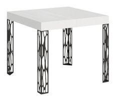 Petite table carrée 90/90 cm extensible 10 personnes 90 à 246 cm blanche et pieds métal gris foncé Gisa