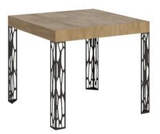 Petite table carrée 90/90 cm extensible 10 personnes 90 à 246 cm bois clair et pieds métal gris foncé Gisa