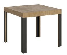 Petite table carrée 90/90 cm extensible 10 personnes 90 à 246 cm bois clair et pieds métal gris foncé Liva