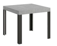 Petite table carrée 90/90 cm extensible 10 personnes 90 à 246 cm gris béton et pieds métal gris foncé Liva