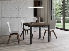 Petite table carrée 90/90 cm extensible 90 à 180 cm bois foncé et cadre métal anthracite Diva