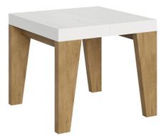 Petite table carrée bois blanc pieds chêne naturel 90/90 cm extensible 10 personnes 90 à 246 cm Naxo