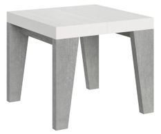 Petite table carrée bois blanc pieds gris béton 90/90 cm extensible 10 personnes 90 à 246 cm Naxo
