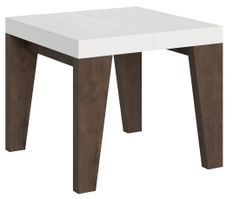 Petite table carrée bois blanc pieds noyer 90/90 cm extensible 10 personnes 90 à 246 cm Naxo