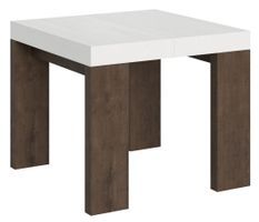 Petite table carrée extensible blanche et bois noyer 90 à 246 cm Ribo