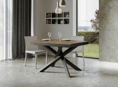 Petite table extensible 6 à 10 places bois foncé cadre métallique et pieds entrelacés anthracite L 120 à 224 cm Klass