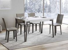 Petite table extensible rectangulaire 4 à 10 personnes bois blanc et pieds métal anthracite L 130 à 234 cm Konta