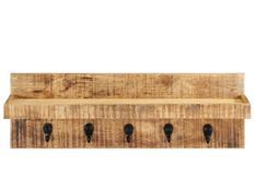Porte-manteau mural bois de manguier brut et acier - 5 crochets