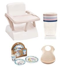 Rehausseur de chaise pour enfant + Boîtes de conservation + Coffret vaisselle micro-ondes + Bavoir semi-rigide
