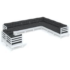 Salon de jardin 10 pcs avec coussins Blanc Bois de pin solide