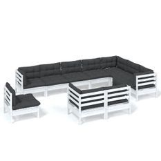 Salon de jardin 10 pcs avec coussins Blanc Bois de pin solide 3