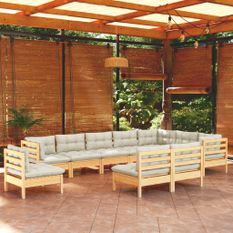 Salon de jardin 10 pcs avec coussins crème Bois de pin solide