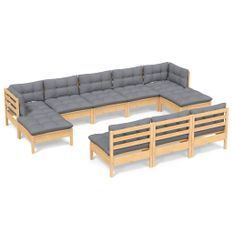 Salon de jardin 10 pcs avec coussins gris Bois de pin