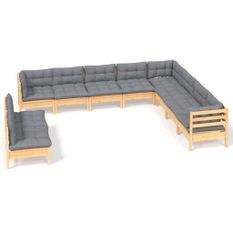 Salon de jardin 10 pcs avec coussins gris Bois de pin solide 10