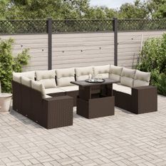 Salon de jardin 10 pcs avec coussins marron résine tressée