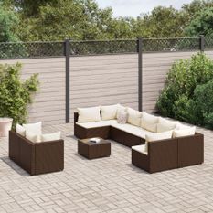 Salon de jardin 10 pcs avec coussins marron résine tressée