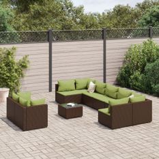 Salon de jardin 10 pcs avec coussins marron résine tressée