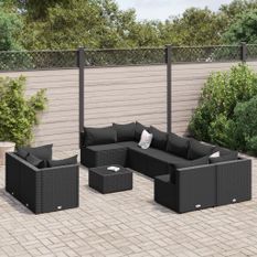 Salon de jardin 10 pcs avec coussins noir résine tressée