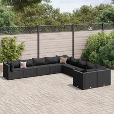 Salon de jardin 10 pcs avec coussins noir résine tressée