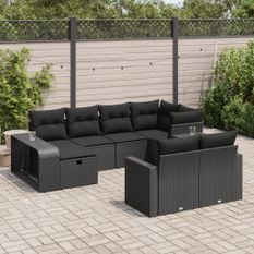 Salon de jardin 10 pcs avec coussins noir résine tressée