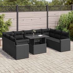 Salon de jardin 10 pcs avec coussins noir résine tressée