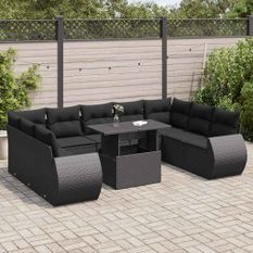 Salon de jardin 10 pcs avec coussins noir résine tressée