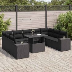 Salon de jardin 10 pcs avec coussins noir résine tressée