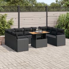 Salon de jardin 10 pcs avec coussins noir résine tressée