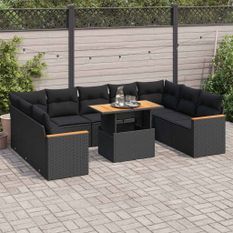 Salon de jardin 10 pcs avec coussins noir résine tressée acacia