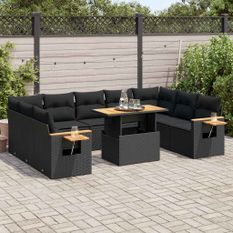 Salon de jardin 10 pcs avec coussins noir résine tressée acacia