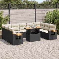 Salon de jardin 10 pcs avec coussins noir résine tressée acacia