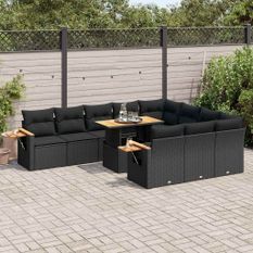 Salon de jardin 10 pcs avec coussins noir résine tressée acacia