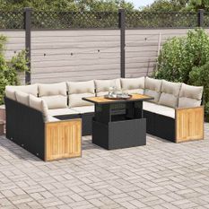 Salon de jardin 10 pcs avec coussins noir résine tressée acacia