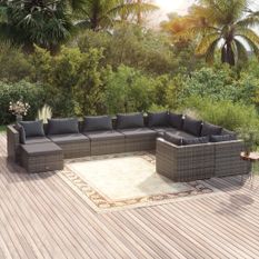 Salon de jardin 10 pcs avec coussins Résine tressée Gris