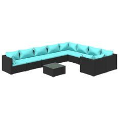 Salon de jardin 10 pcs avec coussins Résine tressée Noir 15